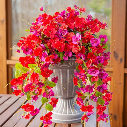 Fake Hibiscus Artificial Hanging Flowers Plants for Outdoors Spring Decoration, 4pcs Silk Hibiscus Vines Realistic UV Resistant Faux Flowers for Outside Planter Porch Patio Yard Wedding Party, Mix