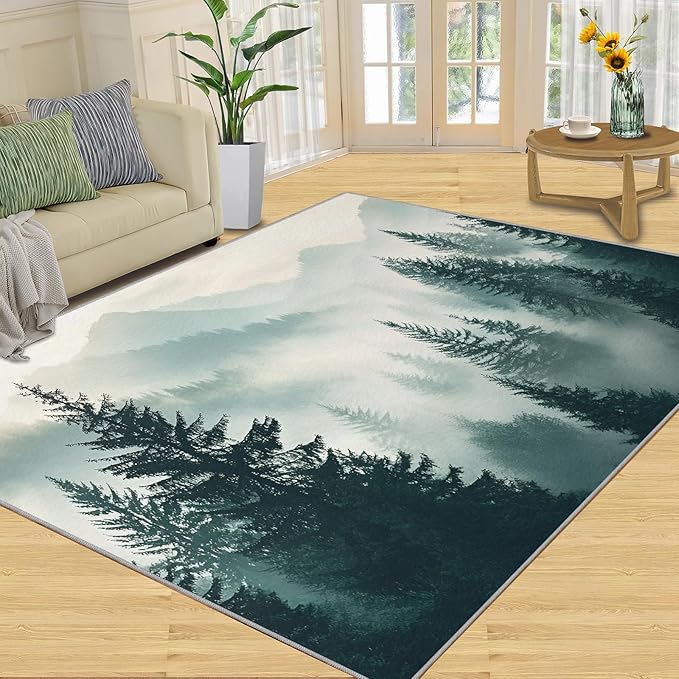 Misty Forest 2x3 Area Rug Natural Landscape Washable Rugs for Living Room Bedroom, Green Woods Soft Low Pile Non Slip Accent Floor Mat Print Throw Rug Indoor Carpet Dining Room Playroom