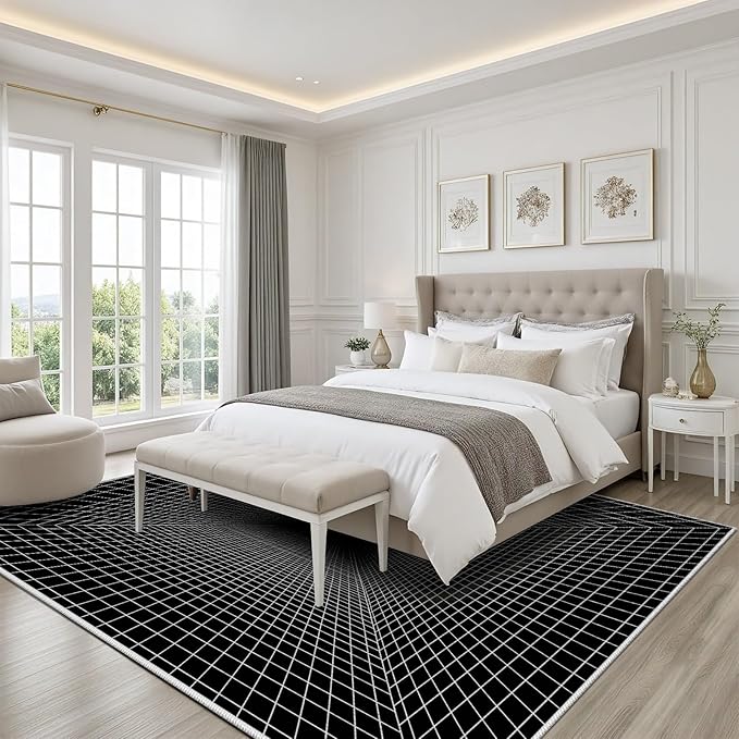 Optical Illusion Rug - Washable Rugs 4x5, Abstract Geometric Lines Soft Neutral Indoor Floor Mats Plaid Carpet, Non-Slip Stain Resistant Modern Black Rug for Bedroom, Living Room Rugs
