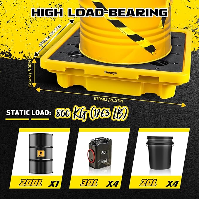 Huanyu Spill Containment Pallet Modular Spill Containment Tray Platform with Drain Outlet 1 Drum Capacity 200L 26.4 x 26.4 x 6 Inches Load 800kg 1763lb (1 Pcs)