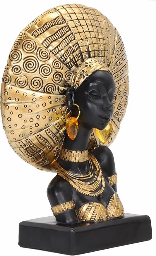 African Woman Statue with Gold Sunburst Headdress – Resin Figurine with Tribal Jewelry, Afrocentric Home Decor Accent, Cultural Sculpture Gift for Women