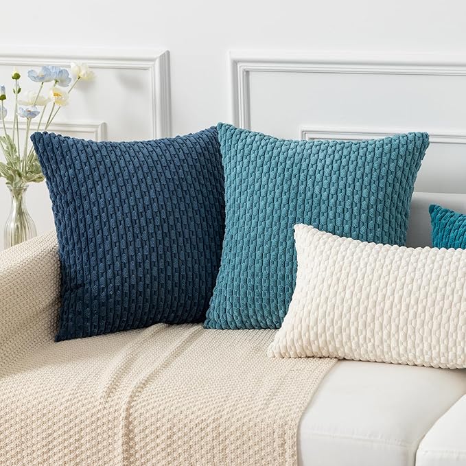 Kevin Textile Throw Pillow Covers Soft Corduroy Decorative Set of 2 Boho Striped Pillow Covers Pillowcases Farmhouse Home Decor for Couch Bed Sofa Living Room 24x24 Inch Light Blue