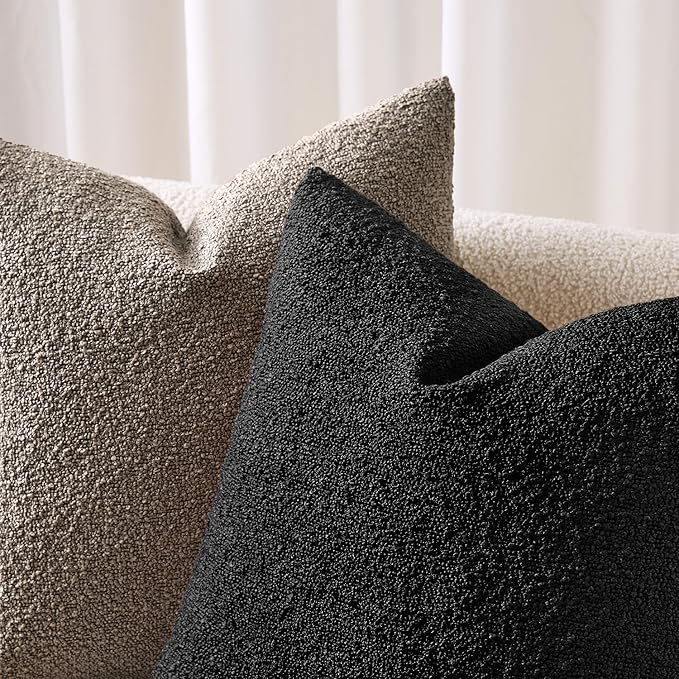 ANRODUO Pack of 2 Textured Boucle Throw Pillow Covers Soft Black Euro Decorative Accent Solid Pillow Cases Cozy Modern Couch Cushion Case for Chair Sofa Bedroom Living Room Home Decor, 24 x 24 Inch