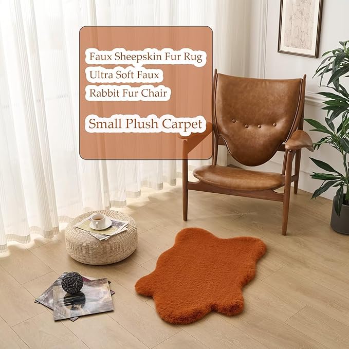 1700GSM Fuzzy Faux Sheepskin Fur Area Rug,Extra Soft Faux Fur Mat,Fluffy Shaggy Fur Rug for Bedroom Living Bedside Rug Room Decor-Burnt Orange, 4 x6 ft