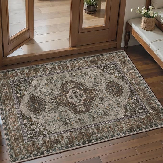 Tangsoo Washable Entryway Rugs 2x3 Vintage Non Slip Small Area Rug, Indoor Front Door Rug, Print Distressed Door Mat Indoor Entrance Soft Low Pile Throw Rug for Entry Kitchen Bedroom Grey