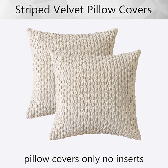 Kevin Textile Pillow Covers Decorative Set of 2 Striped Corduroy Plush Velvet Pillowcases Boho Cushion Cover for Couch 18x18 Inch Cream