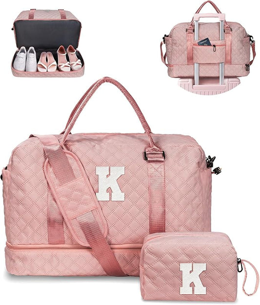 Vogewood Retirement Gift for Woman-Duffle Bag with Shoe Compartment, Kids Weekender Bags, Overnight Bag with Makeup Pouch, Gifts for 10 11 12 13 14 15 16 Year Old Kid-Birthday Gifts for Her (Letter K)