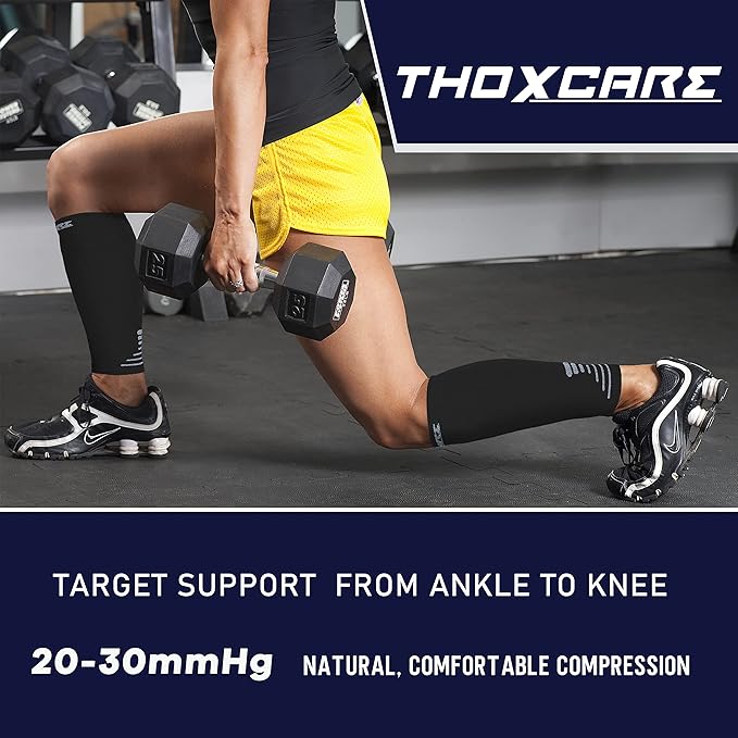 Thoxcare Calf Compression Sleeve for Men Women (1 Pair), Leg Support Footless Compression Socks for Running - Shin Splint Varicose Veins Swelling & Pain Relief, Black/Gray, Medium