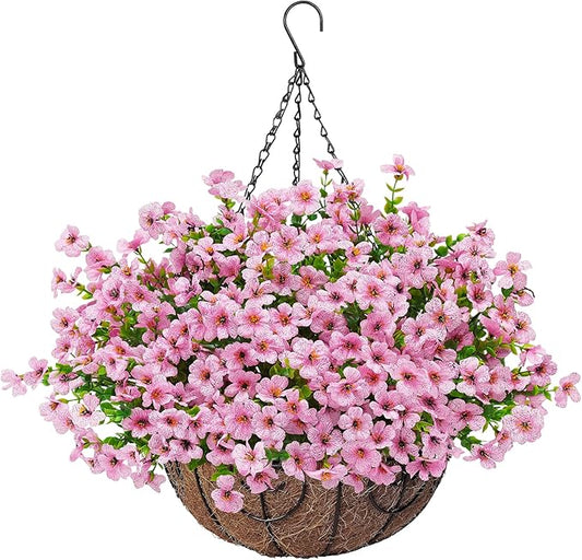 Artificial Fake Hanging Flowers Plants Basket for Outdoors Outside Spring Decoration,Hanging Planters with Faux Silk Flowers Realistic UV Resistant for Balcony Porch Patio Garden Fron Home Decor（Pink）