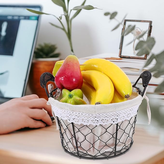 SAFIGLE Iron Wire Basket with Handle and Fabric Liner, Metal Storage Basket for Fresh Eggs and Bread Serving, Rustic Fruit Organizer for Kitchen and Coffee Table