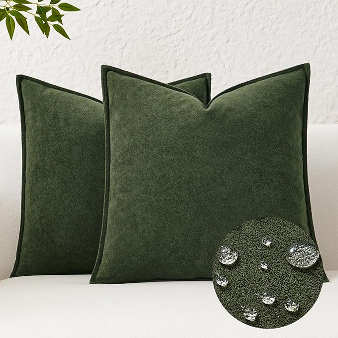 Kevin Textile Waterproof Decorative Pillow Covers Moss Green 16x16 Inch Pack of 2 Soft Boucle Textured Throw Pillowcases Elegant Accent Pillows for Couch Sofa Chair Bed Home Decor Indoor Outdoor