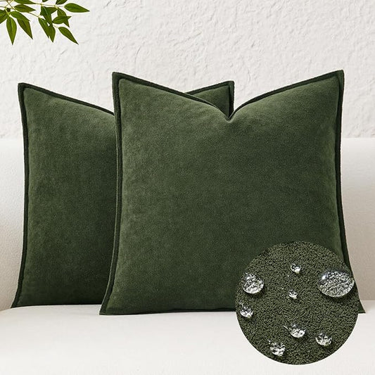 Kevin Textile Waterproof Decorative Pillow Covers Moss Green 16x16 Inch Pack of 2 Soft Boucle Textured Throw Pillowcases Elegant Accent Pillows for Couch Sofa Chair Bed Home Decor Indoor Outdoor