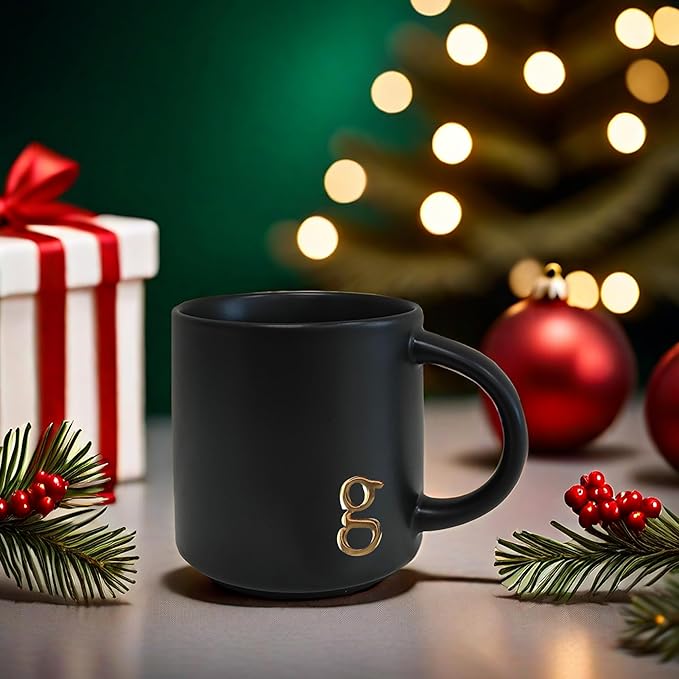 COLLECTIVE HOME - Black Monogram Ceramic Mugs, 15 oz Golden Initial Coffee Cups, Elegant Alphabet Tea Mugs, Personalized Halloween Mug with Gift Box, Perfect for Office and Home Décor (g)