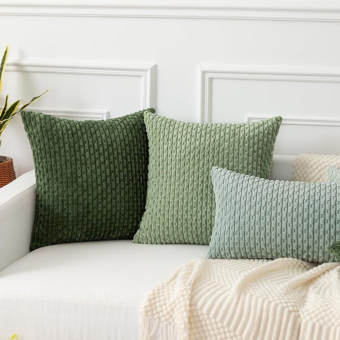 Kevin Textile Throw Pillow Covers Soft Corduroy Decorative Set of 2 Boho Striped Pillow Covers Pillowcases Farmhouse Home Decor for Couch Bed Sofa Living Room 26x26 Inch Moss Green