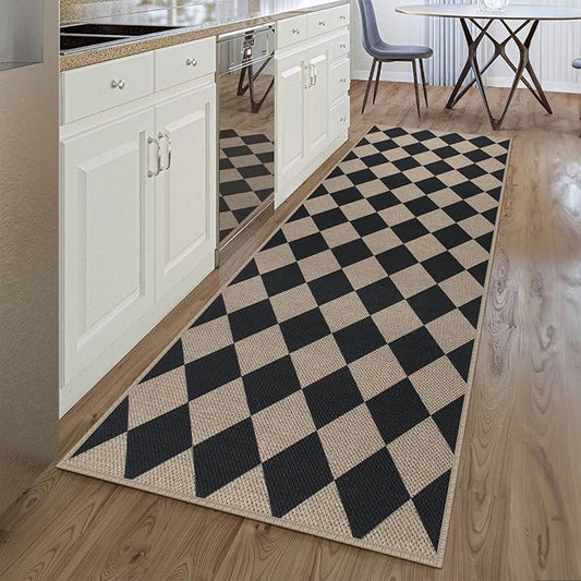Easy Jute Checkered Runner Rug, 2.6x8 Black Modern Washable Rugs Runner for Hallway Non-Slip Kitchen Runner Rug, Geometric Diamond Indoor Outdoor Carpet for Porch Laundry Entryway