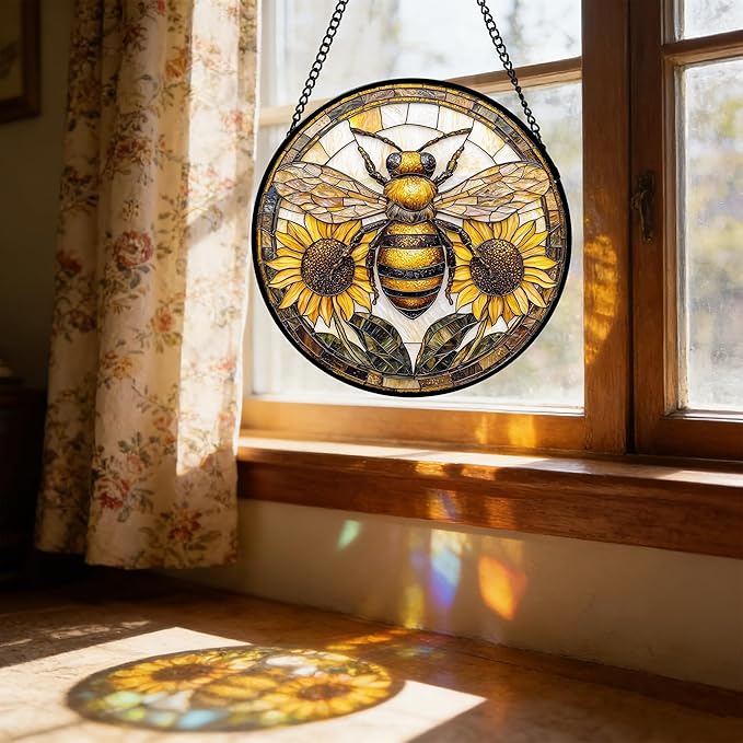 DASTOLL Stained Glass Window Hanging - Bee Sunflower Yellow Suncatcher Ready to Hang Window Doors Home Decoration and Christmas, Mother's Day Birthday Gifts for Women, Men, and Mom 9.8x9.8 in