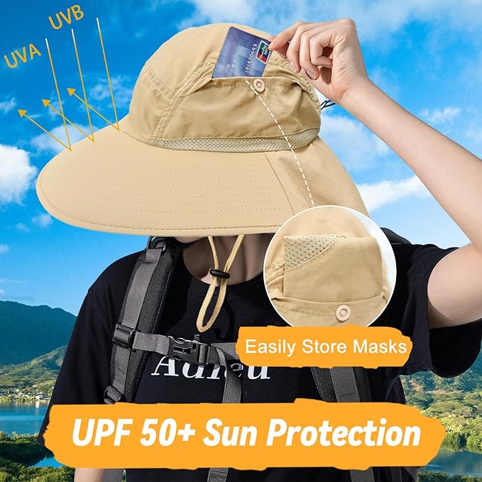 Sun Hats for Men Women Detachable Face Cover Wide Brim Fishing Hats with Neck Flap UPF 50+ Outdoor Safari Hats