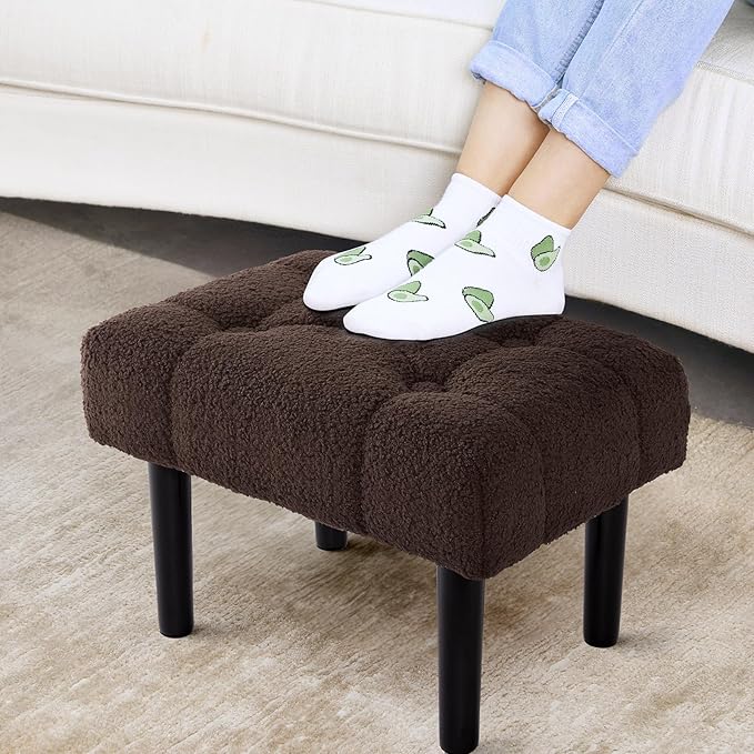 HOUCHICS Fur Padded Foot Stool, Small Ottoman Foot Rest with Wooden Legs,Modern Rectangle Chair Foot Rest Foot Step Stool for Living Room, Couch, Desk(Brown)