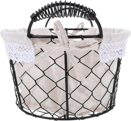 Wire Storage Basket with Fabric Liner and Handle round Iron Wire Fruit and Egg Basket for Kitchen and Table Organization for Home Storage