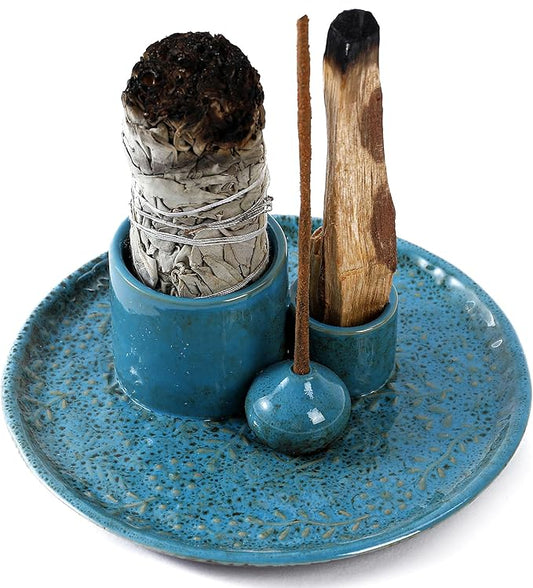 5 in 1 Incense Holder Burner, 5.9" Ceramic Holder for Burning Palo Santo Sage Candle and Incense Sticks Cones, Ash Catcher Tray for Meditation Room Home Décor (Blue)