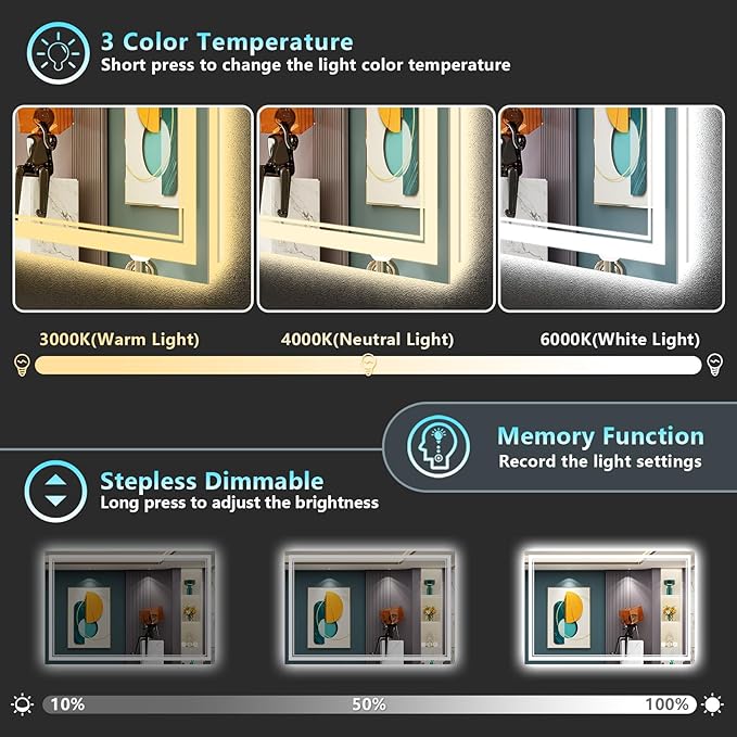 48x40 LED Bathroom Mirror with Lights, Backlit and Front Lit, Anti-Fog Lighted Vanity Mirrors for Bathroom Wall, Dimmable, 3-Color Light, Memory, Shatter-Proof, HD Tempered Glass, CRI＞90