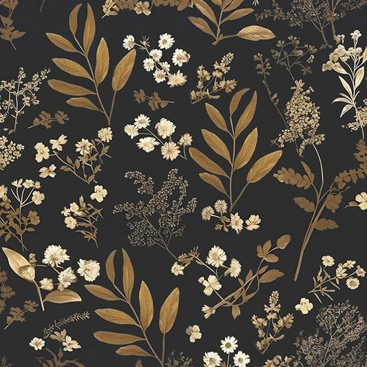 Vintage Wallpaper Peel and Stick Black Floral Wallpaper 17.5'' x 393'' Gold Leaf Contact Paper Vinyl Waterproof Self Adhesive Boho Botanical Wall Paper for Bedroom Shlef Cabinet Décor