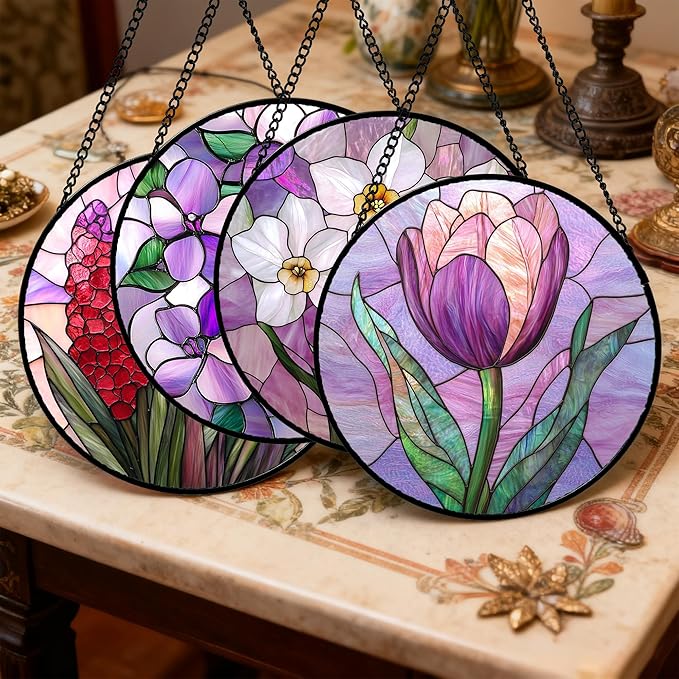 DASTOLL Stained Glass Window Hanging 4 Pcs Set Purple Flower Theme 6.3" - Tulip Suncatcher Door Garden Sun Catcher Decor Birthday Christmas for Plant Lovers Woman Nana Men