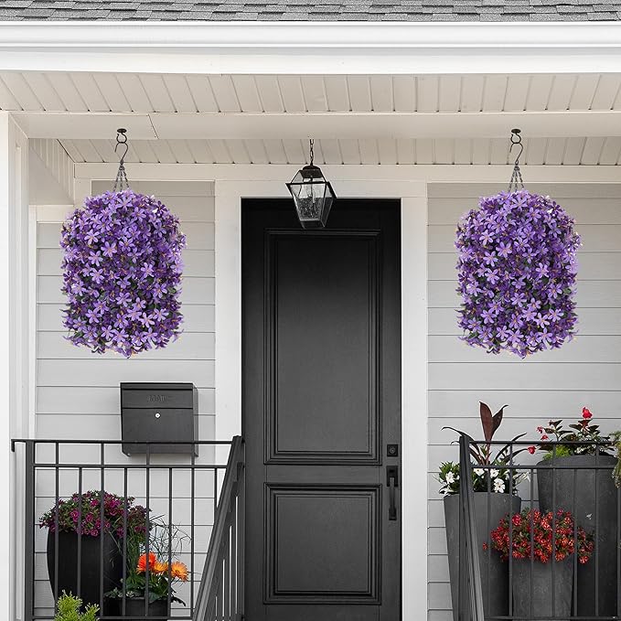Artificial Faux Hanging Outdoor Plants Flowers Basket for Spring Decoration, Fake Silk Realistic UV Resistant Long Vines Planter for Outside Home Porch Patio (Purple & Light Purple)