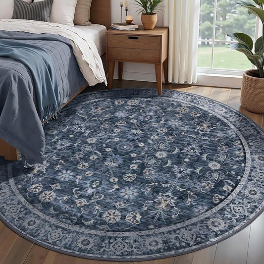 Tangsoo Vintage Round Rug 5ft Washable Circle Rug, Non Slip Boho Round Area Rug, Low Pile Floral Circular Rugs, Machine Washable Round Carpet for Bedroom,Livingroom,Nursery,Dorm,Office,Blue