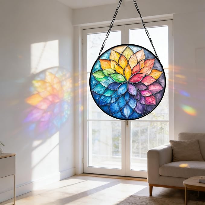 DASTOLL Stained Glass Window Hanging, Colorful Flower Petals Sun Catchers Diamond Glass Panel Hangings Suncatcher Decor for Birthday for Women, Men, Wife, Aunt, and Mom 14.9x14.9 in