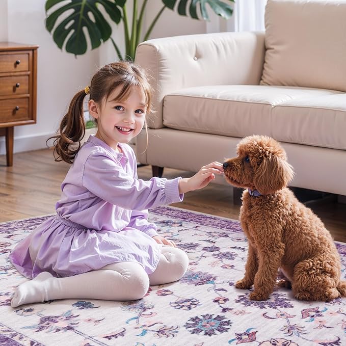 Tangsoo Small Rug 2x3 Washable Entry Rug for Entryways Non-Slip Vintage Floral Throw Area Rugs Purple Boho Rugs Distressed Floor Carpet Soft Low Pile Door Mat for Entrance Bedroom Kitchen Foyer Decor