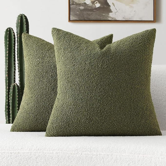 FUTEI Pack of 2 Moss Green Decorative Throw Pillow Covers 18x18 Inch Soft Cozy Solid Boucle Textured Cushion Case,Modern Home Decor for Couch Bed Living Room