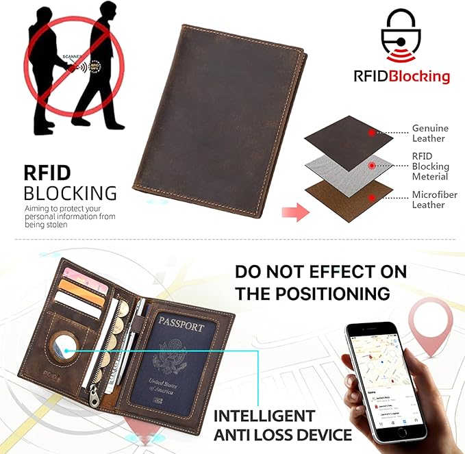 Top Grain Leather Single Travel Passport Wallet Embossing Badge for Unisex, Folio Design for Passport & Multi Cards, RFID Blocking for Passport/Cards/Checks/Bills/AirTag, Coffee Default, CA
