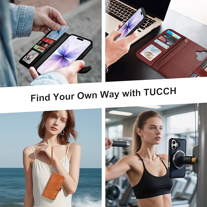 TUCCH Detachable Case Wallet for iPhone 17 (6.3") 2025, Wrist Strap | 4 Card Holders RFID Blocking | Wireless Charging | Stand | 2-in-1 Magnetic | PU Leather | Shockproof Folio Cover | Dark Red