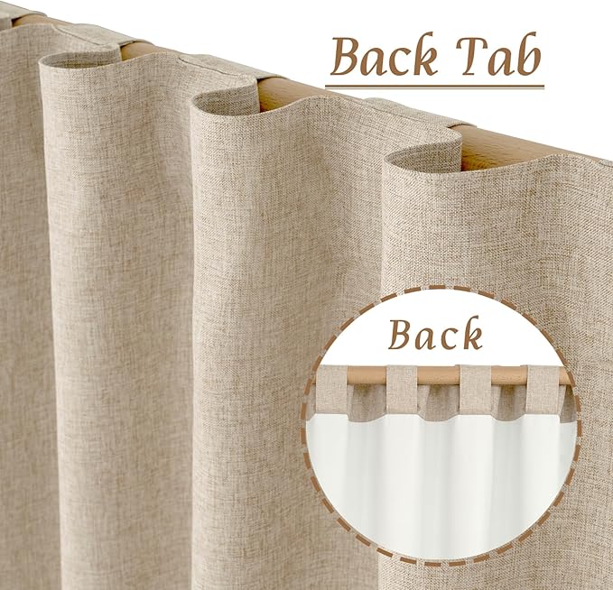 LAMIT 100% Blackout Natural Linen Curtains, 68 Inches Linen Textured Thermal Bedroom Curtains Back Tab and Rod Pocket Neutral Panels with White Liner for Farmhouse, 2 Panels, 52 x 68 Inch, Linen