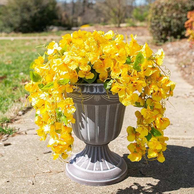 Fake Hibiscus Artificial Hanging Flowers Plants for Outdoors Spring Decoration, 2pcs Silk Hibiscus Vines Realistic UV Resistant Yellow Faux Flowers for Outside Planter Porch Patio Yard Wedding Party