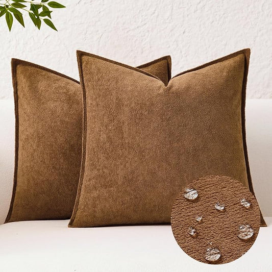 Kevin Textile Waterproof Decorative Pillow Covers Brown 24x24 Inch Pack of 2 Soft Boucle Textured Euro Pillowcases Elegant Accent Pillows for Couch Sofa Chair Bed Home Decor Indoor Outdoor