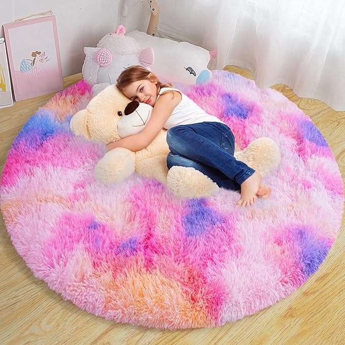 Round Fluffy Rugs 6Ft for Girls Bedroom, Dark Rainbow Shag Circle Kids Rug Non-Slip for Bedside Dorm Nursery Playroom, Soft Cute Area Rugs for Living Room Decor