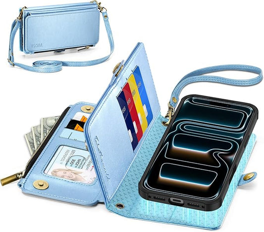 TUCCH Crossbody Detachable Wallet Case for iPhone 17 Pro Max, 10 Card Slots RFID Blocking | Wireless Charging | Wrist Strap Lanyard | Stand | Zipper Pocket | PU Leather Phone Cover | Pearly Light Blue