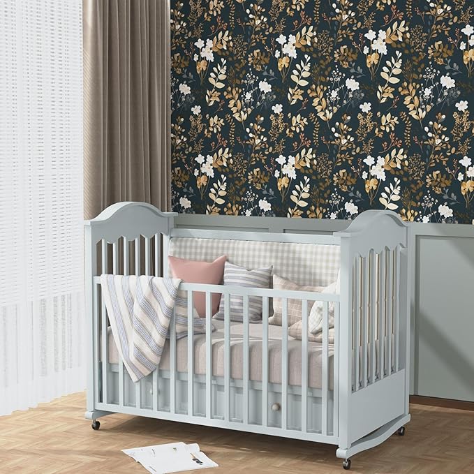 Navy Floral Wallpaper Peel and Stick Boho Wallpaper Vintage Blue/Gold Leaf Contact Paper Waterproof Self Adhesive Modern Wall Paper for Cabinet Walls Kitchen 17.5" x197"