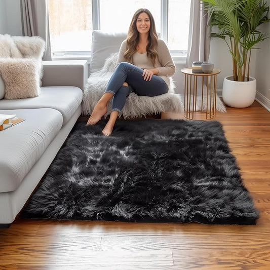 Super Area Rugs Ultra Soft & Fluffy Faux Sheepskin Rug, Black 4 x 6 Feet Carpet for Bedroom Living Room