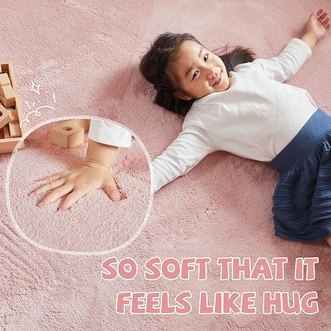jinchan Solid Plush Round Rug 5ft Performance Shaggy Circle Rug 5' Round Washable Indoor Soft Modern Faux Wool Non Slip Carpet for Living Room Kids Room Bedroom Dining Room Pink