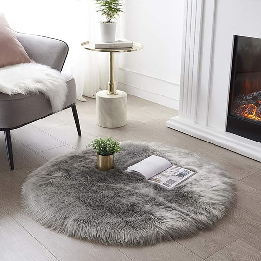 SERISSA Ultra Soft Round Faux Sheepskin Fur Area Rug, Grey Circular Shaggy Rug, Round Fluffy Rugs Plush Circle Floor Carpet for Bedroom Kids Room Floor Decor, 3ft Diameter (Light Grey)