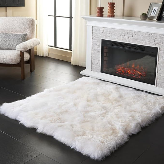 SAFAVIEH Sheep Skin Collection Area Rug - 8' Square, Natural & White, Handmade Rustic Glam Genuine Pelt, 3.4-inch Thick Ideal for High Traffic Areas in Living Room, Bedroom (SHS211A)