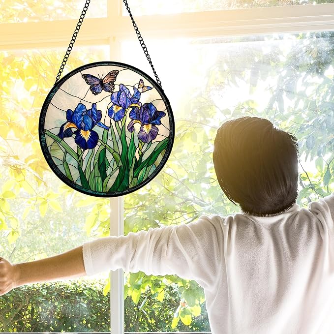 DASTOLL Stained Glass Window Hanging, Blue Purple Butterfly Flower Suncatcher Diamond Colorful Glass Panel Sun Catchers Decor for Birthday for Women, Men, Wife, Aunt, and Mom 11.8 in