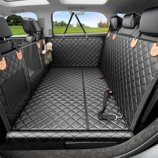 REEVAA Dog Car Seat Cover for Back Seat, Hard Bottom Dog Hammock, Pet Bed Extender for 2-4 Large/Medium Dogs, Waterproof Seat Protector, Universal L Size for SUV Medium Truck, Black+Orange