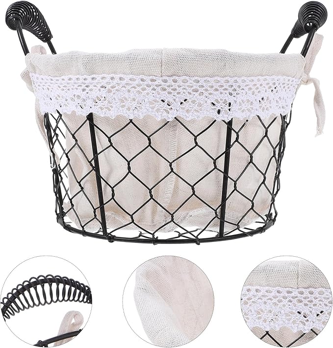 Metal Wire Storage Basket with Handle and Fabric Liner Round Rustic Bread and Candy Basket for Table Fruit Organizer for Home Decor