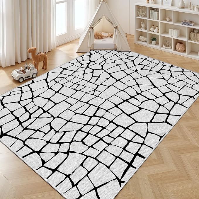 Black and White Area Rug, Abstract Rug, Contemporary Minimalist Rugs, Geometric Cracks Area Rugs, Modern Geometric Carpet for Living Room, Washable Non Slip Home Decor Mat 4x6
