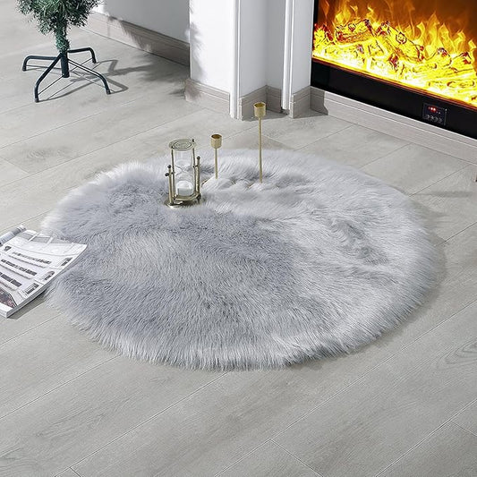Faux Fur Rug Sheepskin Shag Fluffy Fuzzy Grey 3x3 ft Rugs for Bedroom Bedside Bed Floor Living Room Plush Round High-Density Cushion Carpet Super Sofa Cover
