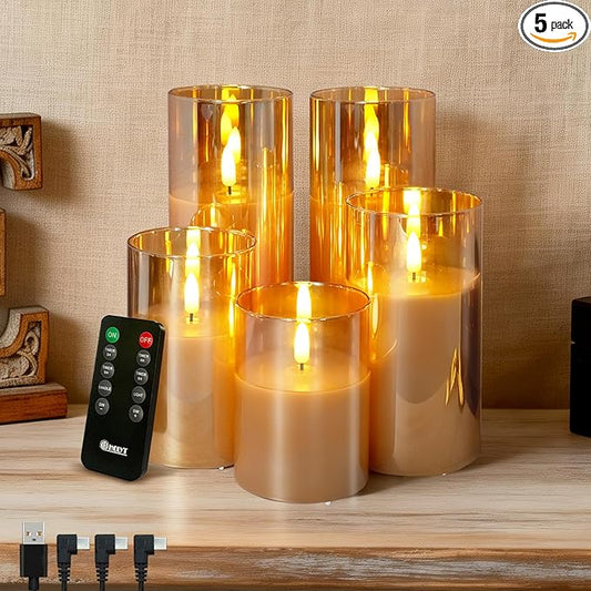Rechargeable Flameless Candle, Flashing LED Pillar Real Wax Candle with Remote Control and Timer, Gold Glass Electronic Candle, 1 Set of 5（Gold）